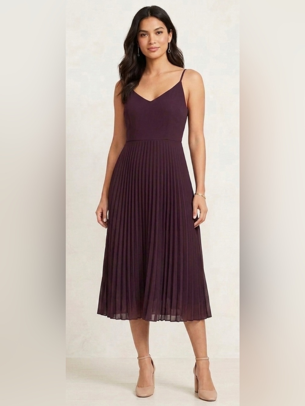 LOFT - Plum Pleated Midi Dress with Spaghetti Straps